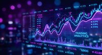 Financial market data visualization with glowing purple and blue trading charts, stock analytics dashboard, investment technology interface for business presentations.