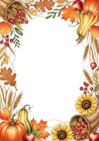 Autumn harvest frame with pumpkins, sunflowers, wheat, and fall foliage on white background. Isolated design element suitable for invitations, cards, and seasonal marketing materials.