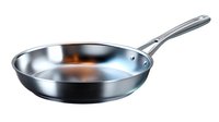 Stainless steel frying pan with ergonomic handle isolated on white background, essential cookware for professional kitchen and home cooking.