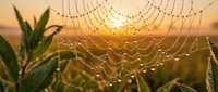 Morning dew drops on intricate spider web with golden sunrise light creating natural patterns in outdoor garden setting for nature photography concepts.