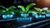 Young green plant growing in glowing futuristic container with neon blue light, representing biotechnology, sustainable agriculture and innovative farming methods.
