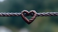 Brown rope twisted into heart shape against blurred green background, romantic symbol of love and connection, macro photography for Valentine's Day cards and relationship concepts.