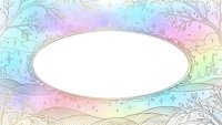 Pastel rainbow watercolor frame with delicate botanical line art and oval white space for text or design elements on transparent background.