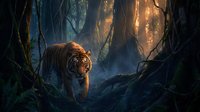 Majestic tiger walking through misty forest with golden sunlight filtering through ancient trees, creating atmospheric wildlife scene for nature and adventure projects.