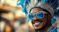 Smiling carnival performer wearing silver crown, blue feathers and reflective sunglasses during festival celebration, capturing joy and festive atmosphere at cultural parade.