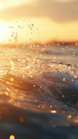 Ocean wave splashing with water drops during golden sunset, creating magical bokeh effect and sparkling highlights against warm sky background.