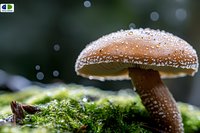 Brown mushroom with water droplets on cap growing in green moss, macro nature photography with soft bokeh background and morning dew details.