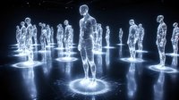 Glowing holographic figures standing in formation on dark background create futuristic network visualization concept for technology and connectivity themes.