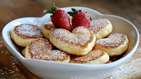 Heart shaped pancakes dusted with powdered sugar in white ceramic bowl, garnished with fresh red strawberries on wooden surface, romantic breakfast setting.