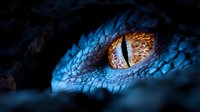 Blue scaled reptile with striking orange eye close-up macro photography showing detailed texture and dramatic lighting for wildlife nature projects.