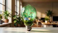 Green energy concept with wind turbines and solar panels inside a glass light bulb, surrounded by lush plants in a bright office setting.