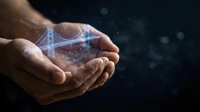 Hands holding glowing holographic bridge structure with digital particles and light effects against dark background for technology and innovation concepts.