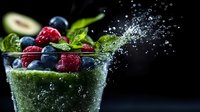 Fresh green smoothie with raspberries and blueberries splashing in glass. Healthy detox drink with berries and mint leaves on dark background.