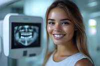 Young woman with long brown hair and fair complexion, wearing a white tank top, smiling at camera in modern dental clinic with X-ray display behind her.