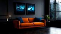 Modern living room interior with bright orange sofa, blue cushions, mountain artwork on dark walls, and large window bringing natural light into minimalist space.