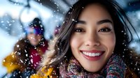 Young Asian woman with bright smile wearing colorful winter scarf outdoors in falling snow, expressing joy and happiness during cold winter season.