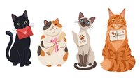 Four adorable cats sitting in row wearing colorful bandanas and accessories, perfect for pet-themed designs and animal lover merchandise.