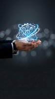 Businessman hands holding glowing digital financial network with dollar symbols and atomic structure representing global economy and investment technology.