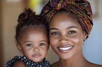 African American mother and daughter share joyful moment together. Mom wearing colorful traditional headwrap embraces young girl with natural curly hair. Genuine smiles showcase family bond.