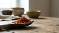 Red paprika powder on wooden spoon with ceramic bowls in blurred kitchen background. Cooking spice ingredient for culinary recipes and food preparation.