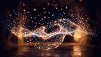Glowing particles swirl in dynamic motion against dark background, creating luminous wave of gold and amber light. Use for backgrounds, digital art, visual effects, presentations.
