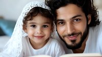Middle Eastern father and young daughter with curly hair sharing tender moment under white lace blanket, creating warm family bonding atmosphere.