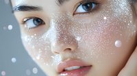 Young Asian woman with glowing skin and sparkly white glitter makeup around eyes and cheeks, natural pink lips, close-up beauty portrait on soft gray background.