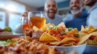 Loaded nachos with melted cheese, meat, and toppings served with beer. Friends enjoying casual dining and snacks during social gathering or sports event.