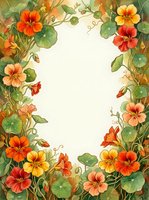 Watercolor nasturtium floral frame with orange, red and yellow blooms forming an oval border, perfect for greeting cards and invitations.