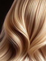 Flowing blonde hair strands with natural highlights and waves creating elegant curves against dark background, showcasing professional hair styling and coloring techniques.