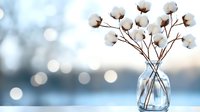Cotton flowers in clear glass vase against soft blue bokeh background, natural light creates dreamy atmosphere for home decor and lifestyle design.
