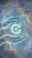 Glowing hands protecting copyright symbol in cosmic space with nebula background for intellectual property and digital rights concepts.