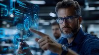 Mature Caucasian businessman with glasses and gray beard analyzing futuristic holographic interface with glowing data visualization and digital charts in office.