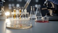 Laboratory scientist using pipette to transfer sample into petri dish with microscope and glassware in modern research facility for medical testing.