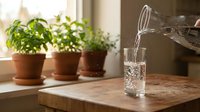 Fresh water being poured from glass pitcher into crystal glass on wooden table with potted herbs in sunny kitchen interior for healthy hydration.