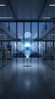 Glowing light bulb with digital holographic globe and DNA strands in modern office corridor, symbolizing innovation, technology, and sustainable energy solutions for business.