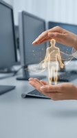 Hands protecting glowing human figure with digital health data visualization in modern office environment for healthcare technology and wellness concepts.