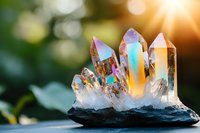 Rainbow aura quartz crystal cluster with iridescent coating on natural rock base in warm sunlight for healing meditation and spiritual energy practices.