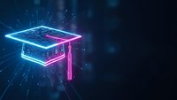 Futuristic neon graduation cap with glowing blue and pink lights on dark background. Digital education technology concept for online learning platforms.