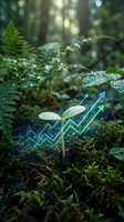 Young seedling sprouting in forest soil with glowing upward trending graph overlay, symbolizing business growth, sustainable development, and financial success in nature-based investments.