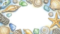 Watercolor seashells and sea glass frame on white background with copy space for summer beach vacation designs and coastal themed projects.