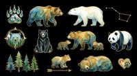 Watercolor bear collection featuring brown, polar, and panda bears with forest elements, paw prints, and constellation designs isolated on transparent background. Ready for t-shirt designs, clipart, stickers, and print-on-demand products.