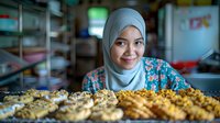 Young woman in hijab smiling behind display of fresh baked pastries and desserts in bakery shop. Warm lighting highlights traditional hospitality and welcoming atmosphere.
