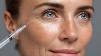 Close-up of woman with freckles receiving cosmetic injection treatment near eye area, showcasing beauty procedure for anti-aging skincare.