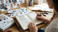 Young Caucasian female jewelry designer writing ideas and goals in notebook at wooden desk with gemstones, tools, and inspiration board.