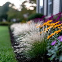 Vibrant garden border with ornamental grass, orange marigolds and purple flowers against white house siding, showcasing modern landscape design for residential curb appeal.