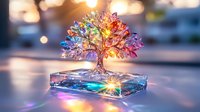 Colorful crystal tree sculpture with rainbow reflections on glass base catching sunlight, creating magical prismatic effects and bokeh background. For spiritual decor.