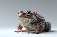 Detailed macro photograph of brown spiky toad with large eyes and textured warty skin against light background, showing amphibian wildlife in natural pose.