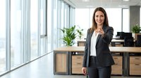 Professional businesswoman in dark suit pointing at camera in modern office with large windows and plants for corporate presentations.