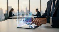 Professional businessman analyzing financial data on digital tablet with holographic charts in modern office overlooking city skyline during meeting.